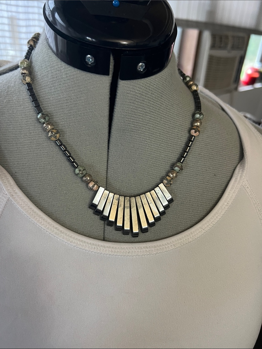 Hematite Bar Fringe Necklace in Silver and Black